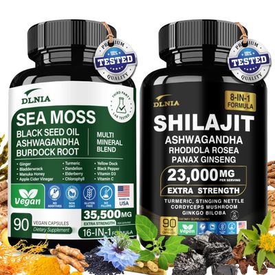 DLNIA Shilajit 9000mg, Sea Moss 17500mg, Ginger & Black Seed Oil 4000mg, Ashwagandha 5000mg, Rhodiola Rosea, 1000mg Panax Ginseng 1500mg, All in 1 Supplement - Sea Moss & Shilajit Vitality Bundle