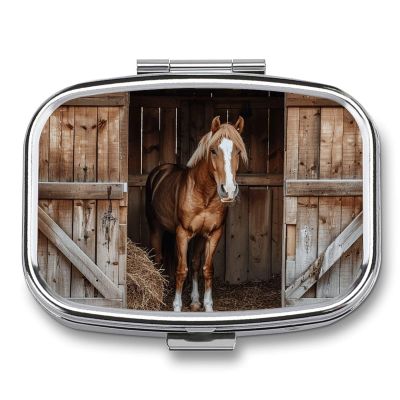 Straw and Horse Pill Box Small Metal Pill Case for Purse & Pocket 2 Compartment Pill Organizer with Mirror Travel Pillbox Medicine Case Portable Pill Container Unique Gift