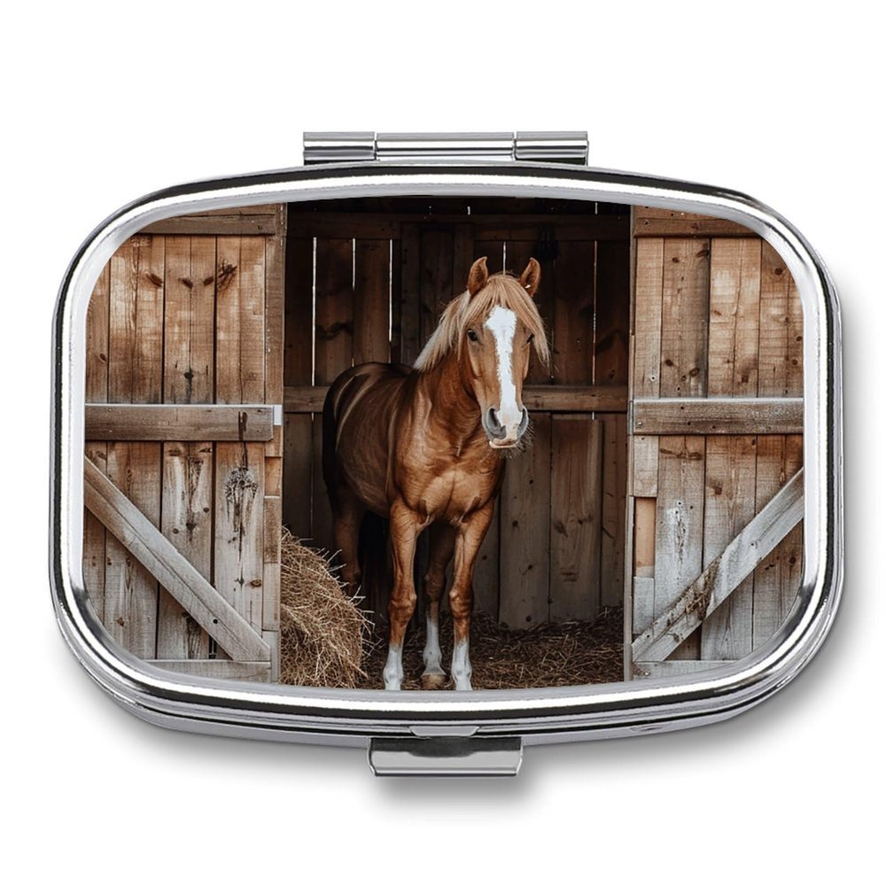 Straw and Horse Pill Box Small Metal Pill Case for Purse & Pocket 2 Compartment Pill Organizer with Mirror Travel Pillbox Medicine Case Portable Pill Container Unique Gift