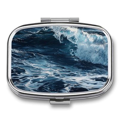 Waves in The Pill Box Small Metal Pill Case for Purse & Pocket 2 Compartment Pill Organizer with Mirror Travel Pillbox Medicine Case Portable Pill Container Unique Gift