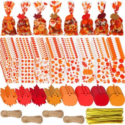 Remerry 1200 Pcs Fall Cellophane Treat Bags Thanksgiving Maple Leaf Pumpkin Goodie Candy Bags with Pumpkin Maple Leaf Tags Gold Twist Tie Twine Autumn Party Supplies