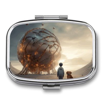 Pill Case for Purse & Pocket Pill Box 2 Compartment Medicine Pill Organizer Man and Dog in Dust Portable Travel Pillbox Medicine Vitamin Cod Liver Oil Storage Box