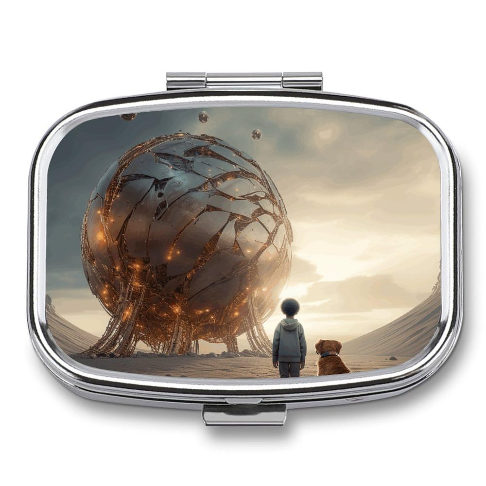 Pill Case for Purse & Pocket Pill Box 2 Compartment Medicine Pill Organizer Man and Dog in Dust Portable Travel Pillbox Medicine Vitamin Cod Liver Oil Storage Box