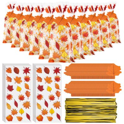 Gueevin 150 Set Thanksgiving Cellophane Treat Bags Bulk Fall Maple Leaves Goodie Candy Cookie Cello Bags with Twist Ties Gift Cards Party Favors for Party Supplies