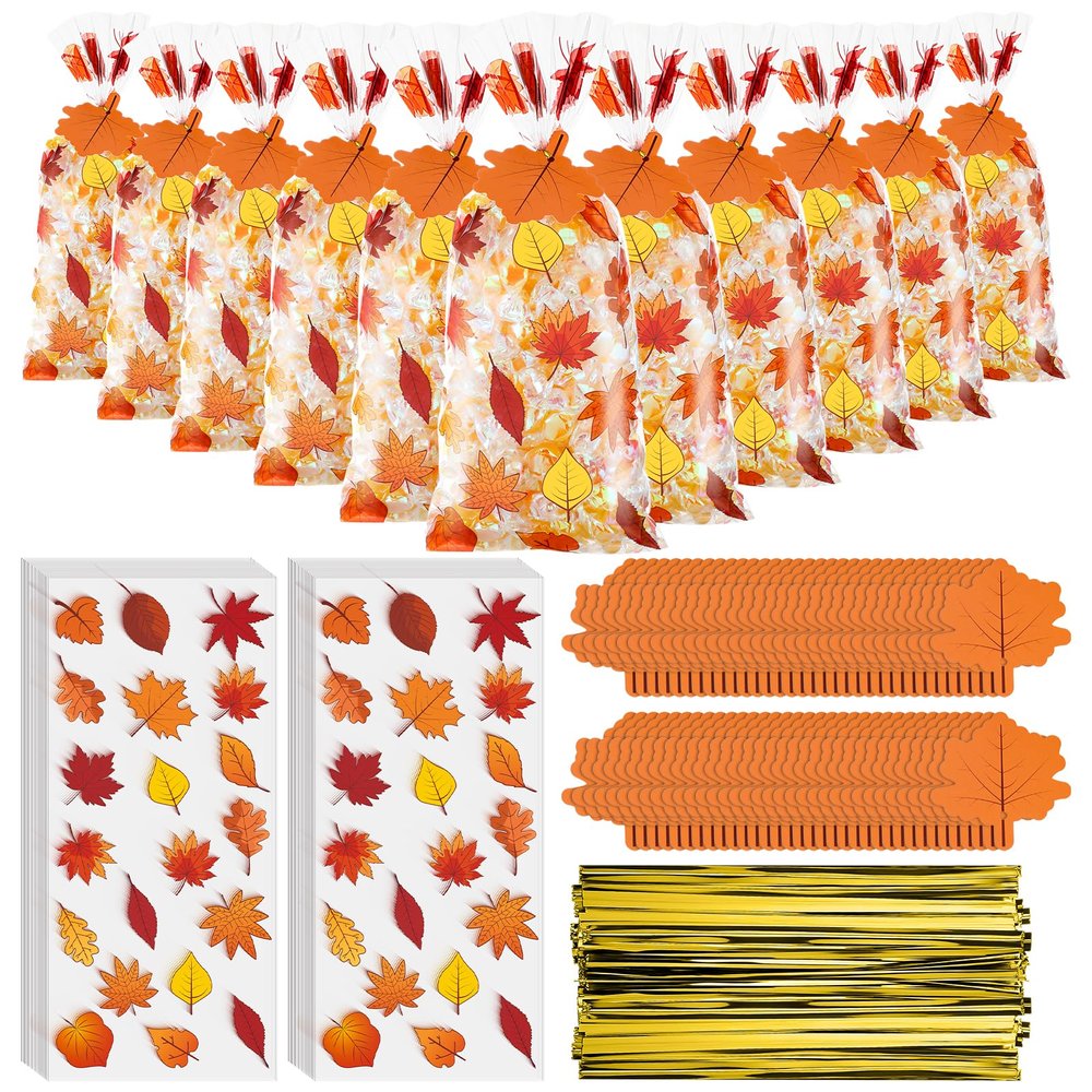 Gueevin 150 Set Thanksgiving Cellophane Treat Bags Bulk Fall Maple Leaves Goodie Candy Cookie Cello Bags with Twist Ties Gift Cards Party Favors for Party Supplies