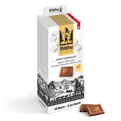 Milkboy Swiss Chocolates Milk Chocolates - Alpine Milk Chocolate Bars with Crunchy Caramel Sea Salt - Gluten-Free Non-GMO All Natural - Made in Switzerland - 3 oz, Pack 10