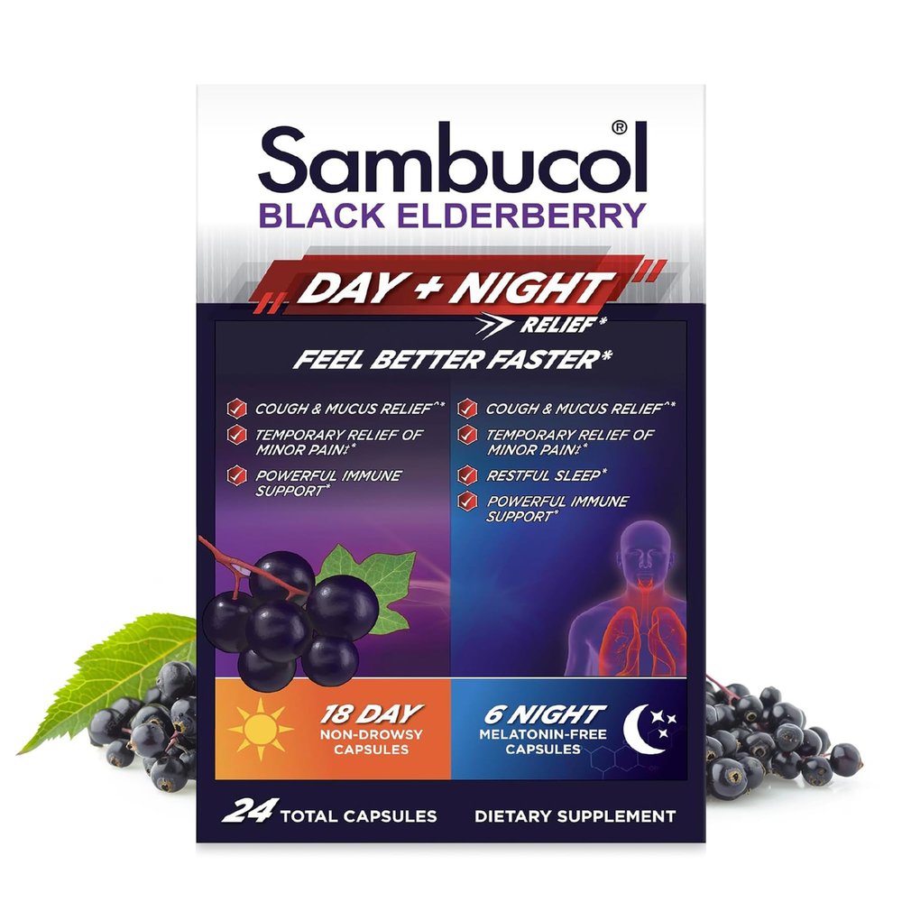 Sambucol Black Elderberry Day & Night Relief - Feel Better Faster, Non-Drowsy Daytime Relief for Men & Women, Restful Sleep for Adults, Melatonin-Free - 24 Capsules, 1 Pack