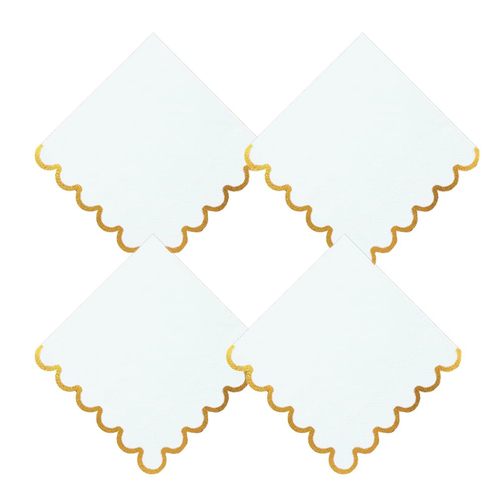 100 pack White Cocktail Napkins with Gold Foil Accents Scalloped Edges 5 x 5 inch Beverage Disposable Napkin Party Decoration Wedding Bridal and Baby Shower Dinner Lunch Supplies
