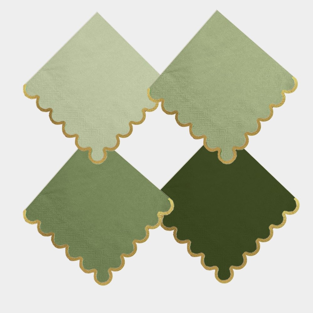 100 pack Green Cocktail Napkins with Gold Foil Accents Scalloped Edges 5 x 5 inch Beverage Disposable Napkin Party Decoration Wedding Bridal and Baby Shower Dinner Lunch Supplies