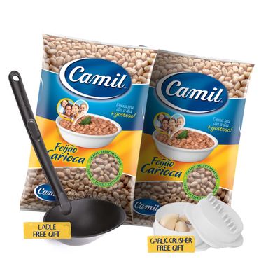 Camil Black Beans or Pinto Beans, 4 Pack Bundle: 2 x 2.2 lbs Beans, Ladle Serving Spoon and Garlic Crusher | Imported from Brazil | 2 Packs Feijao Preto ou Carioca Camil 1Kg + Concha e Triturador de Alho (UN, Carioca Beans Bundle)