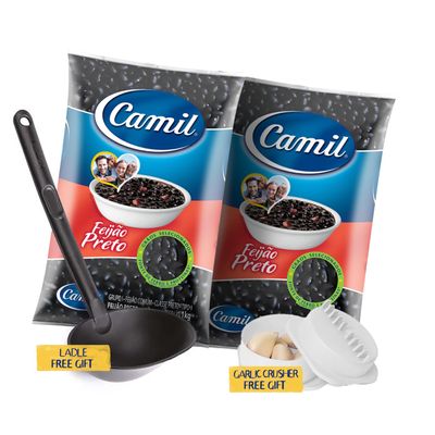 Camil Black Beans or Pinto Beans, 4 Pack Bundle: 2 x 2.2 lbs Beans, Ladle Serving Spoon and Garlic Crusher | Imported from Brazil | 2 Packs Feijao Preto ou Carioca Camil 1Kg + Concha e Triturador de Alho (UN, Black Beans Bundle)