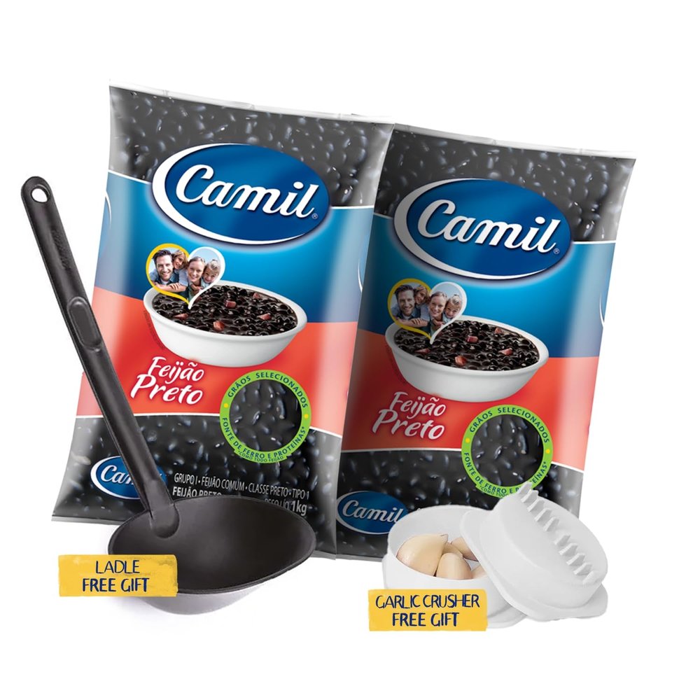Camil Black Beans or Pinto Beans, 4 Pack Bundle: 2 x 2.2 lbs Beans, Ladle Serving Spoon and Garlic Crusher | Imported from Brazil | 2 Packs Feijao Preto ou Carioca Camil 1Kg + Concha e Triturador de Alho (UN, Black Beans Bundle)