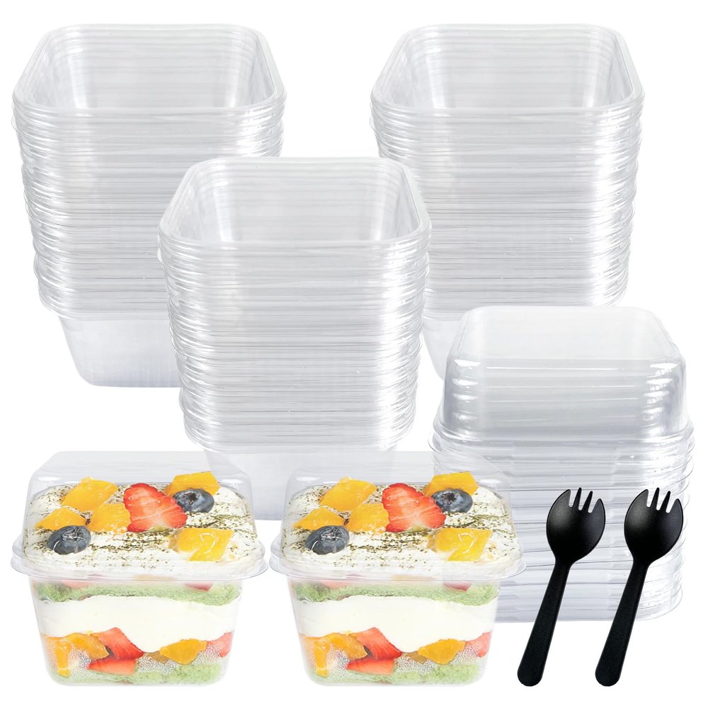 100 Pack Disposable Clear Plastic Cups Ice-cream Cups with Lids and Sporks, 8 oz Square PET Sundae Dessert Cups for Iced Coffee Cold Drinks Frozen Yogut Fruits Jello Snacks Bubble Boba Juice Milkshake