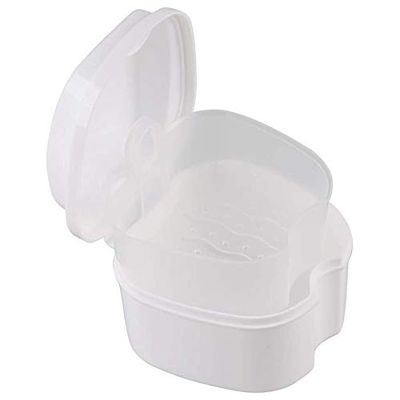 Kqcibz White Denture Case, Denture Cup with Strainer, Denture Bath Box False Teeth Storage Box with Basket Net Container Holder for Travel