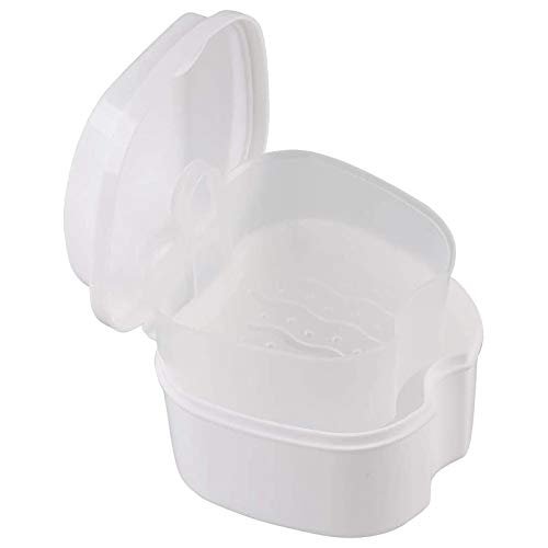 Kqcibz White Denture Case, Denture Cup with Strainer, Denture Bath Box False Teeth Storage Box with Basket Net Container Holder for Travel
