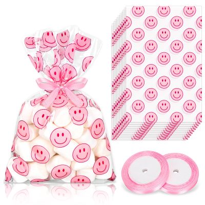 Whaline 100Pcs Pink Smile Pattern Cellophane Treat Bags with Ribbons Preppy Smile Face Cello Goodie Bags Clear Flat Candy Cookie Bags for Birthday Baby Shower Wedding