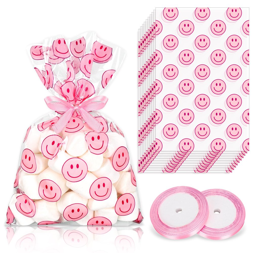 Whaline 100Pcs Pink Smile Pattern Cellophane Treat Bags with Ribbons Preppy Smile Face Cello Goodie Bags Clear Flat Candy Cookie Bags for Birthday Baby Shower Wedding