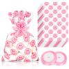 Whaline 100Pcs Pink Smile Pattern Cellophane Treat Bags with Ribbons Preppy Smile Face Cello Goodie Bags Clear Flat Candy Cookie Bags for Birthday Baby Shower Wedding view 1