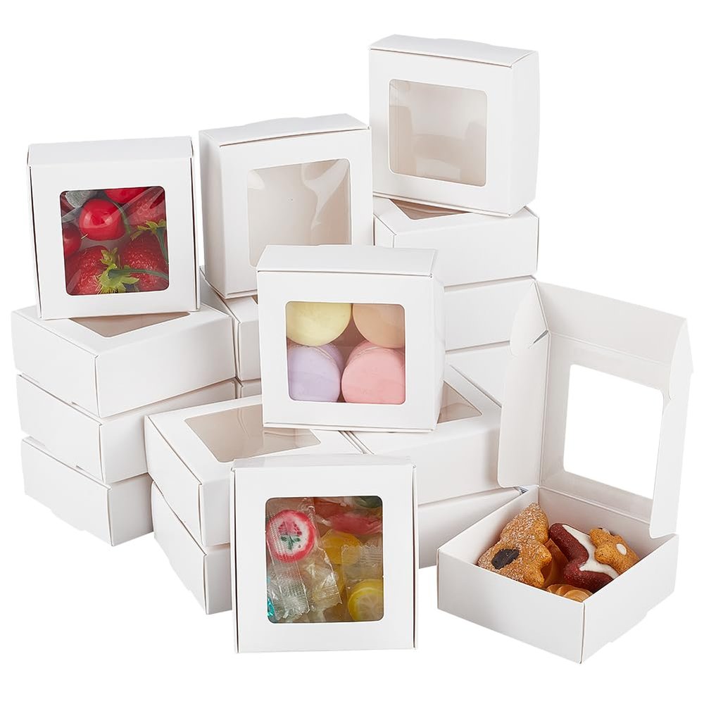 BENECREAT 24 Pack White Kraft Paper Boxes with Clear Window, 2.9x2.9x1.2inch Present Packaging Box for Anniversaries, Birthdays, Weddings, Graduation