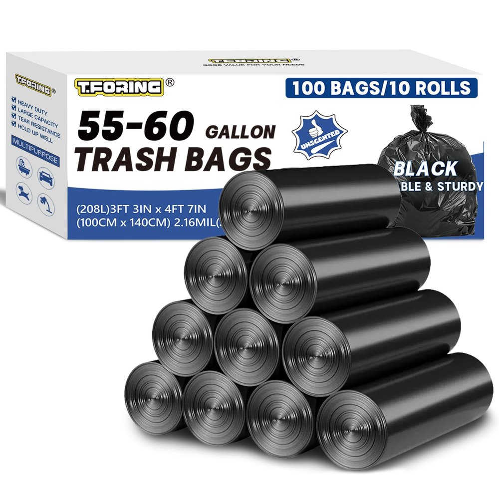 55-60 Gallon Trash Bags Heavy Duty 2.1 Mil - 39''x55'' 100 Count Extra Thick Black Garbage Bags Unscented Strong Huge Can Liners for Construction Industrial Yard Outdoor Commercial