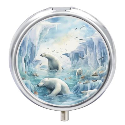 KLOPH Pill Box 3 Compartment Small Pill Case for Purse & Pocket Polar Bears and Seals Round Pill Box Cute Vitamins Fish Oil Supplements Oil Storage Box Portable Pill Containe Travel Gift, Style-2-1