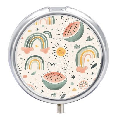 Pill Box 3 Compartment Small Pill Case for Purse & Pocket Watermelon and Rainbow Round Pill Box Cute Vitamins Fish Oil Supplements Oil Storage Box Portable Pill Containe Travel Gift