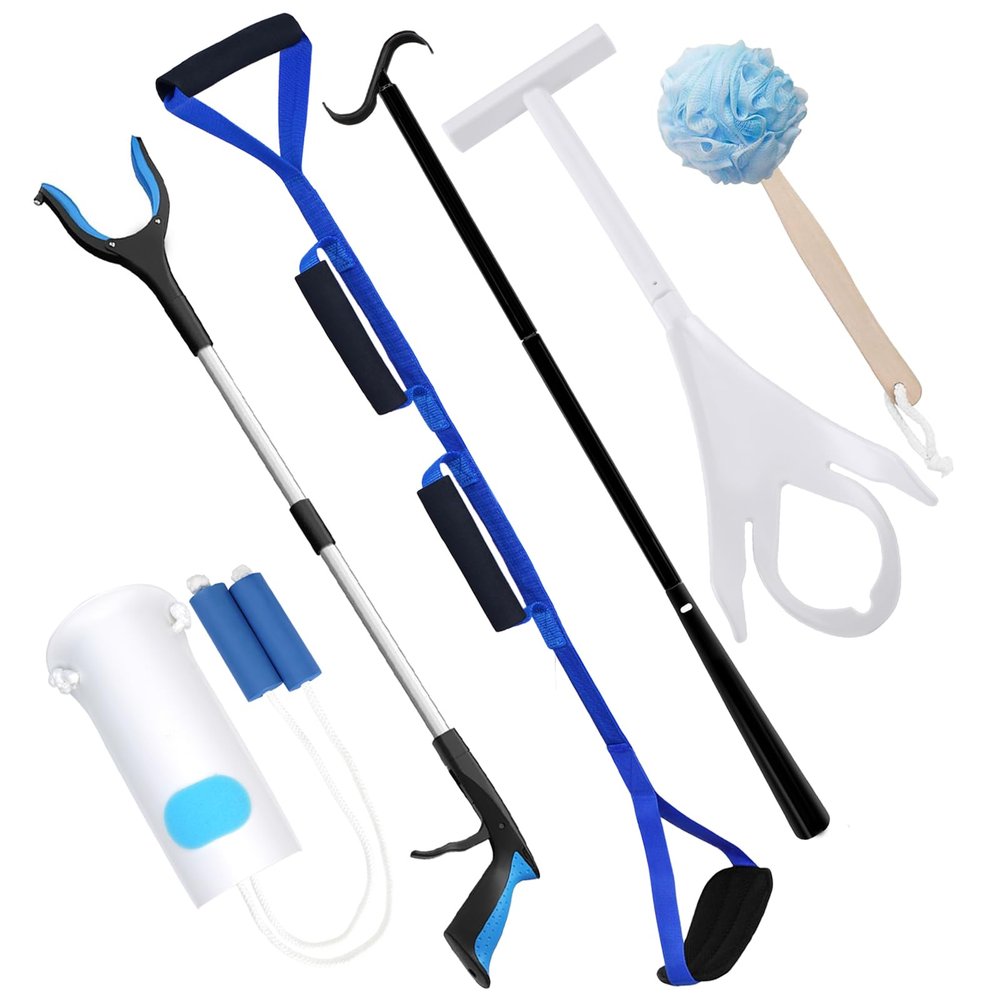 6-Piece Hip Kit, Hip Replacement Kit After Surgery Recovery, Hip Kit for Total Hip Replacement Prime for Seniors with Grabber Tool,Leg Lifter,Sock Aid,Sock Remover,Shoehorn&Dressing Stick,Bath Loofah
