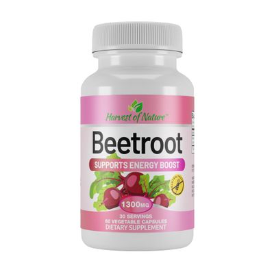 Harvest of Nature Beet Root 1300mg  Beet Powder Supplement for Blood Pressure, Cardiovascular Health, Endurance & Energy Support  Non-GMO, Vegan Capsules