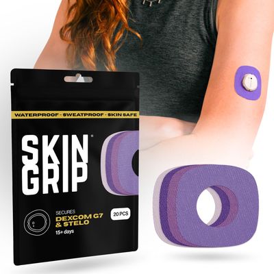 Skin Grip Adhesive Patches Compatible with Dexcom G7 & Stelo CGM with Cutout  Waterproof & Sweatproof Cover for Continuous Glucose Monitor Sensor, Stays Secure for 10-15 Days  20 Pack, Purple