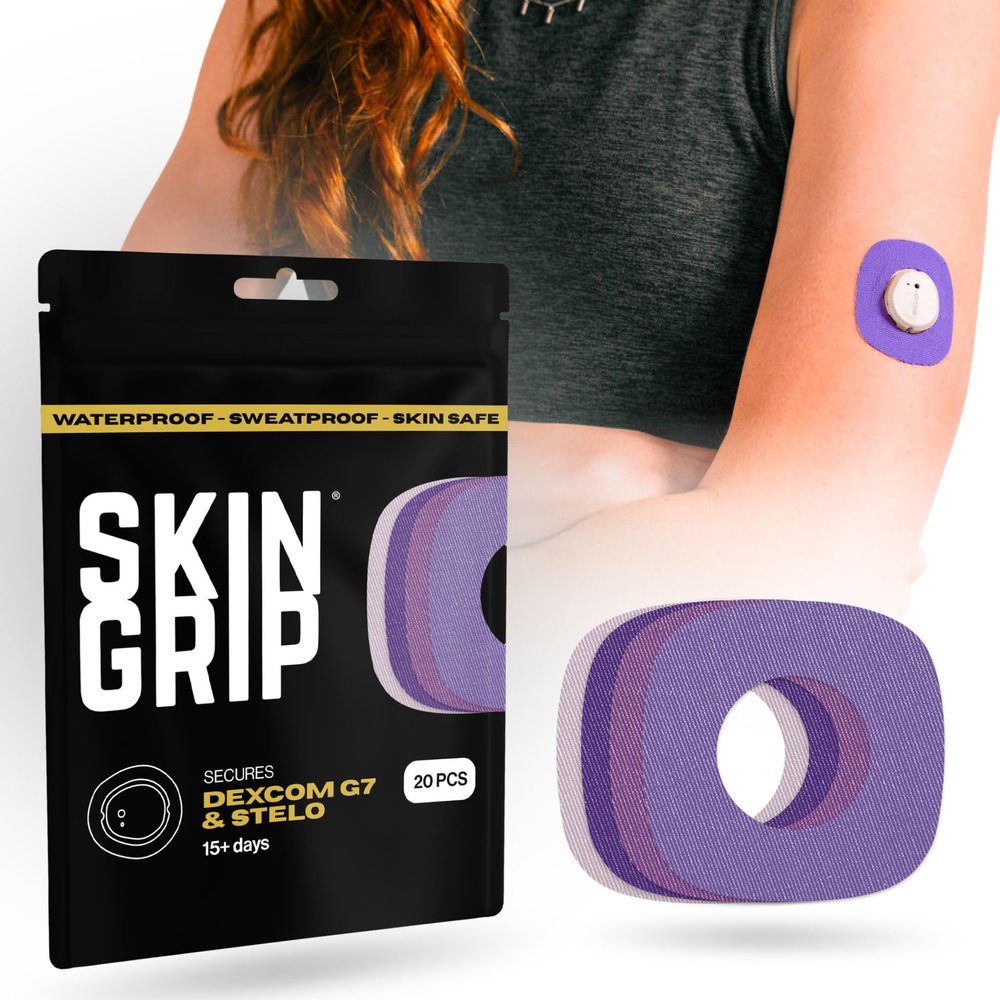 Skin Grip Adhesive Patches Compatible with Dexcom G7 & Stelo CGM with Cutout  Waterproof & Sweatproof Cover for Continuous Glucose Monitor Sensor, Stays Secure for 10-15 Days  20 Pack, Purple