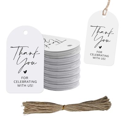 100pcs Thank You Gift Tags, 1.4" x 2.5" White Heavy Cardstock Paper Gift Tags with String, Arched Rectangle Hanging Tags for Wedding Graduation Birthday Celebration