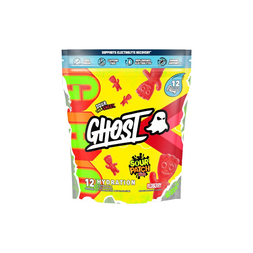 GHOST Hydration Packets, Sour Patch Kids Redberry, 12 Sticks, Electrolyte Powder - Drink Mix Supplement with Magnesium, Potassium, Calcium, Vitamin C - Vegan, Free of Soy, Sugar & Gluten
