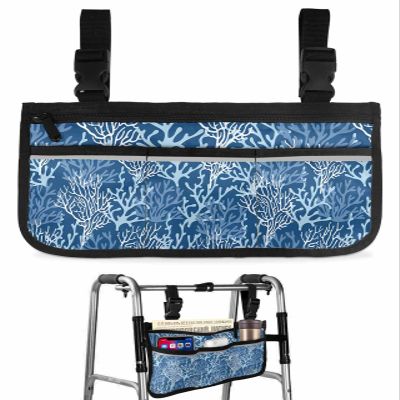 Anzona Navy Blue Coral Coastal Wheelchair Side Bag Walker Bag, Ocean Nautical Seaside Beach Wheelchair Accessories Armrest Pouch, Organizer Storage Bag for Walkers, Rollators, Scooters, 7.3''x13''