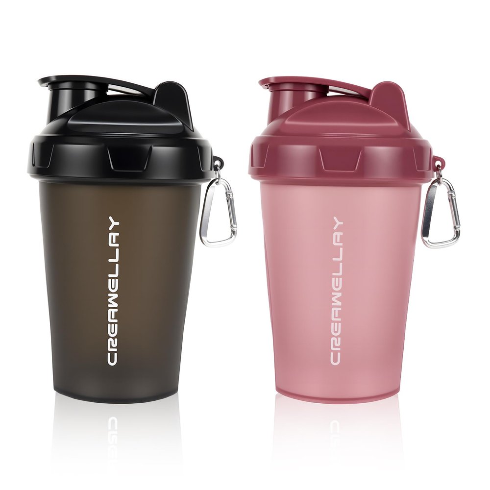 CREAWELLAY 2 Pack Shaker Bottles for Protein Mixes, 17 oz Small Protein Shaker Bottle with Handle, Gym Shaker Cups with Blending Ball for Pre Workout, BPA-Free & Dishwasher Safe (Black, Pink)