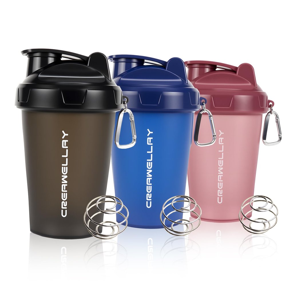 CREAWELLAY 3 Pack Shaker Bottles for Protein Mixes, 17 oz Small Protein Shaker Bottle with Handle, Gym Shaker Cups with Blending Ball for Pre Workout, BPA-Free & Dishwasher Safe (Black, Pink, Blue)