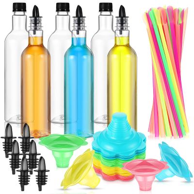 Baderke 162 Pcs Shaved Ice Kit 50 4oz Flower Shaped Snow Cone Cups 100 Spoon Straws 6 25oz Long Neck Plastic Bottles 6 Bottle Pourers for Hawaiian Holiday Beach Party(Black)