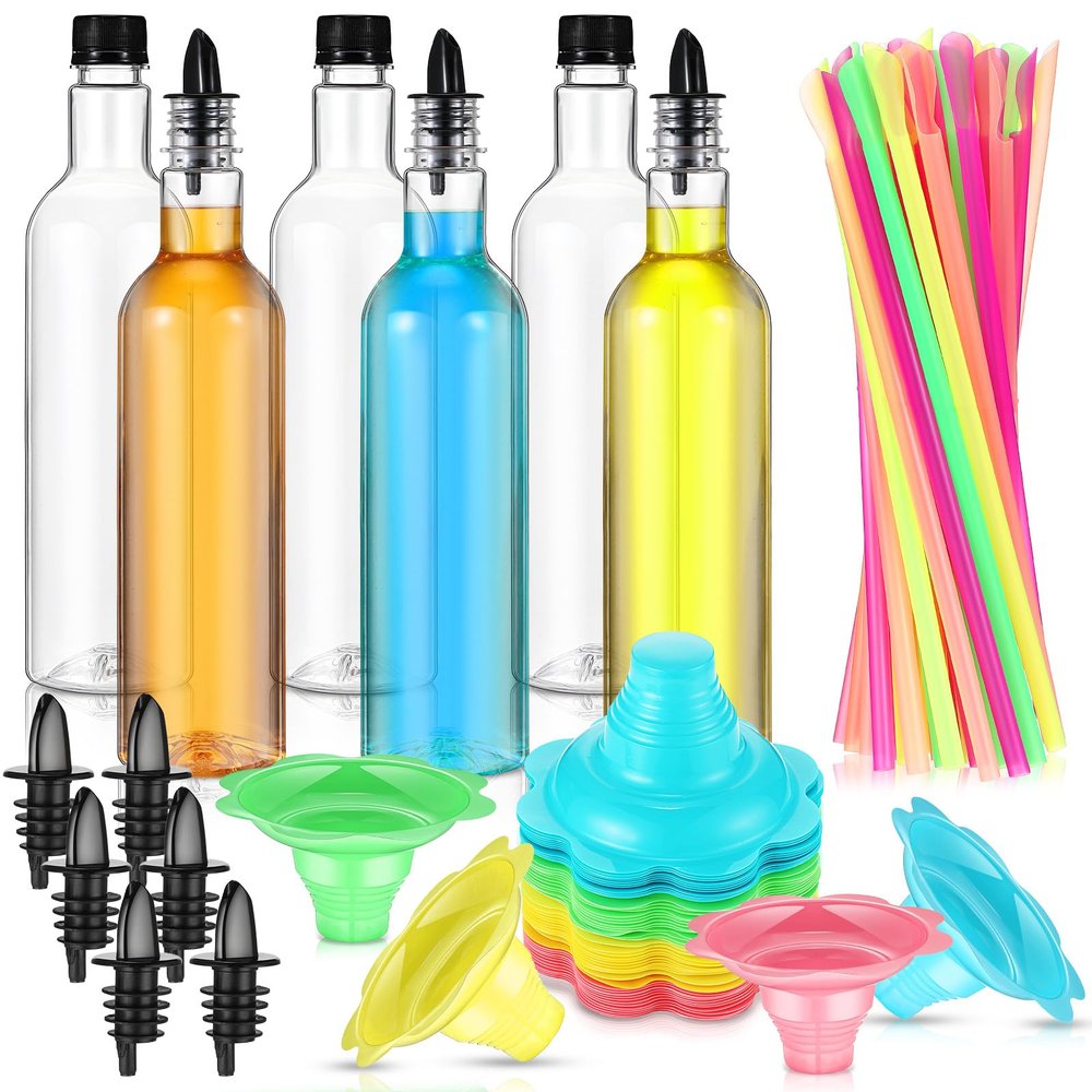 Baderke 162 Pcs Shaved Ice Kit 50 4oz Flower Shaped Snow Cone Cups 100 Spoon Straws 6 25oz Long Neck Plastic Bottles 6 Bottle Pourers for Hawaiian Holiday Beach Party(Black)