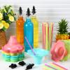 Baderke 162 Pcs Shaved Ice Kit 50 4oz Flower Shaped Snow Cone Cups 100 Spoon Straws 6 25oz Long Neck Plastic Bottles 6 Bottle Pourers for Hawaiian Holiday Beach Party(Black) view 4
