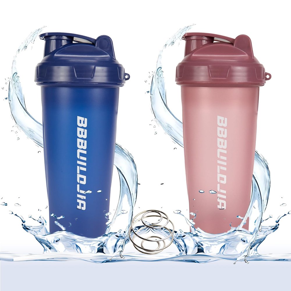 BBBUILDJIA 2 PACK Shaker Bottle Holds upto 24oz, Shaking Ball Whisk, Portable Pre Workout Protein Drink Cup, Mixes Cocktails Smoothies Shakes, Dishwasher Safe & BPA Free, Blue/Pink