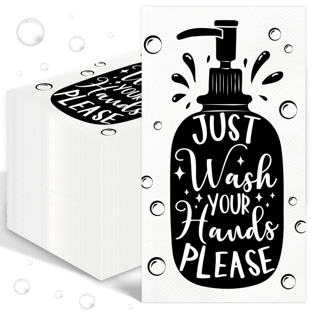 100PCS Disposable Hand Towels for Bathroom Paper Towels for Guests 3 Ply Just Wash Your Hands Please Bathroom Napkins for Powder Room Wedding Birthday Anniversary Baby Shower, Black