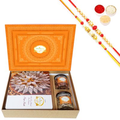 Ghasitaram Gifts Jaiccha Rakhi Gifts for Brothers-Orange Hamper Box with Kaju Katli, Choco Almonds, and Flavour Raisins with 2 Rakhis