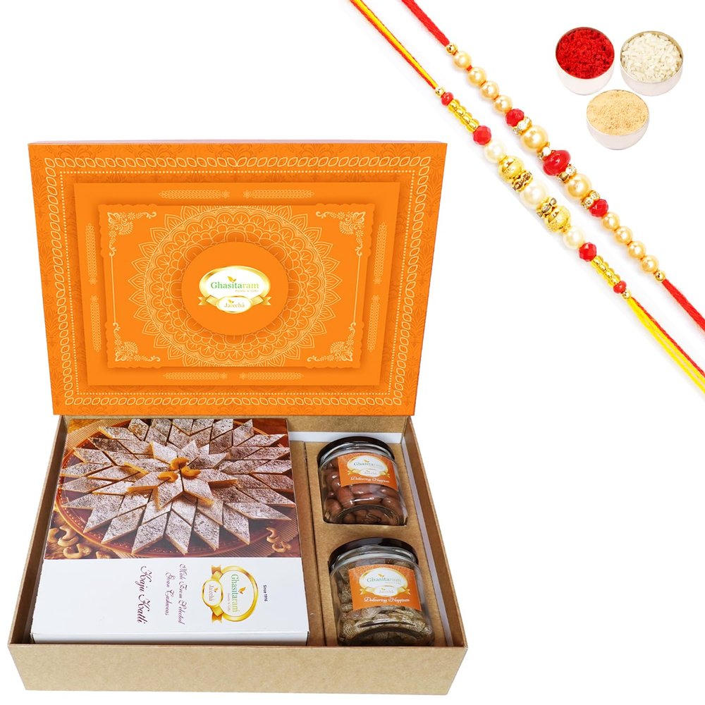 Ghasitaram Gifts Jaiccha Rakhi Gifts for Brothers-Orange Hamper Box with Kaju Katli, Choco Almonds, and Flavour Raisins with 2 Rakhis