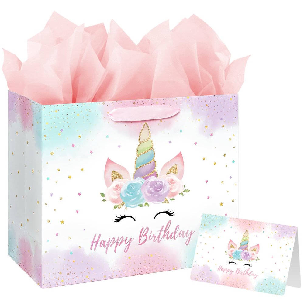 13" Large Unicorn Birthday Gift Bag with Card and Tissue Paper for Baby Girls and Kids Birthday (13in Pink)