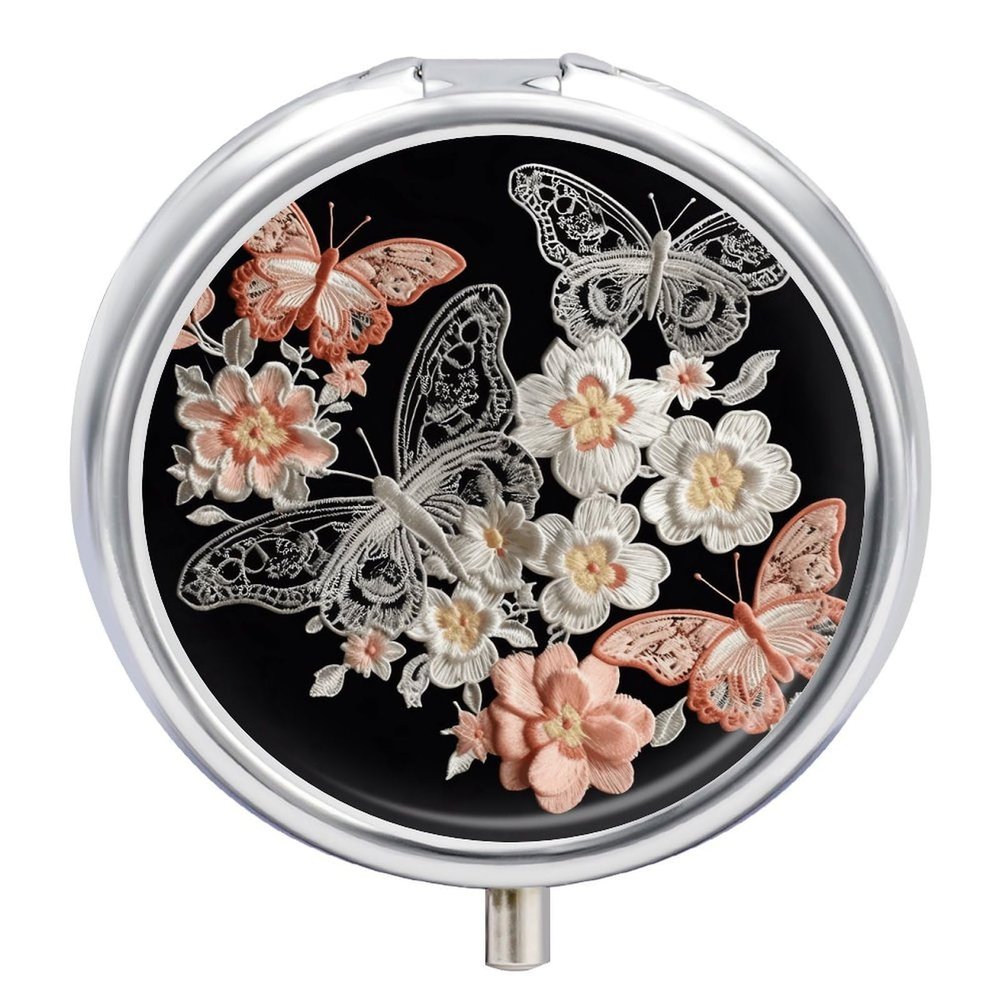Pill Box Round Pill Case for Purse & Pocket Embroidery Floral 3 Compartment Medicine Pill Organizer Portable Travel Pillbox Medicine Vitamin Cod Liver Oil Storage Box