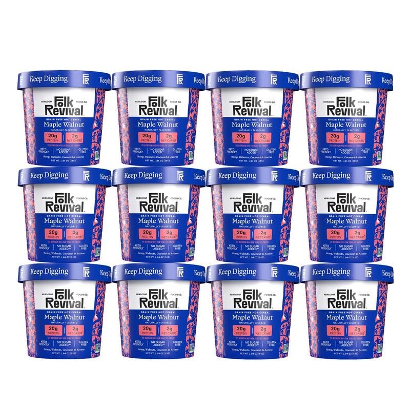 Folk Revival Maple Walnut Keto Instant 'Oatmeal' - 20g Protein, 2g Net Carbs, High Fiber, Non GMO, Gluten Free, Made with Acorns - 12 Cups Per Case