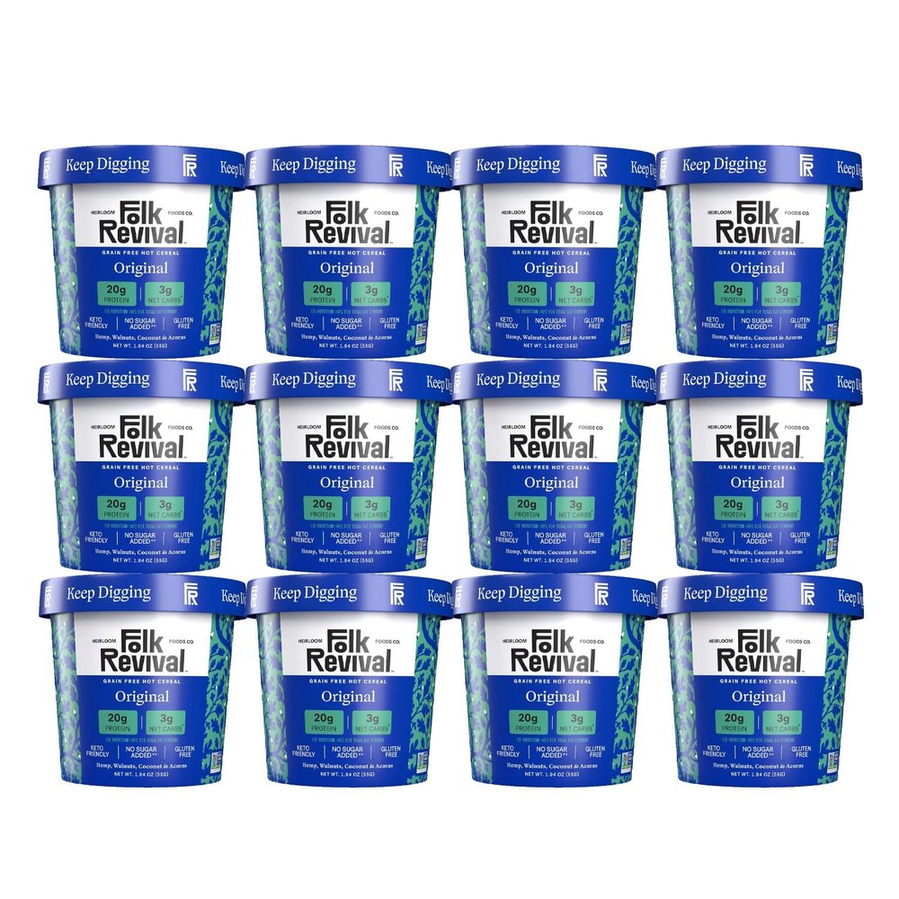 Folk Revival Original Keto Instant 'Oatmeal' - 20g Protein, 3g Net Carbs, High Fiber, Non GMO, Gluten Free, Made with Acorns - 12 Cups Per Case