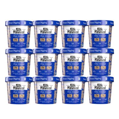Folk Revival Chai Almond Keto Instant 'Oatmeal' - 20g Protein, 4g Net Carbs, High Fiber, Non GMO, Gluten Free, Made with Acorns - 12 Cups Per Case