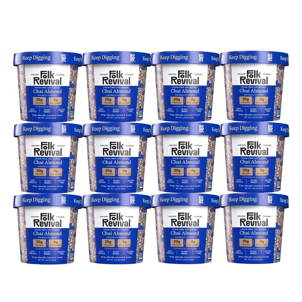 Folk Revival Chai Almond Keto Instant 'Oatmeal' - 20g Protein, 4g Net Carbs, High Fiber, Non GMO, Gluten Free, Made with Acorns - 12 Cups Per Case