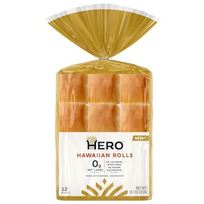 Hero Hawaiian Rolls  Net Low Carb Slider Buns & Dinner Rolls | High Fiber, 0g Net Carbs, 0g Sugar & 60 Calories per Serving Sub Rolls (24 Buns, Pack of 2)