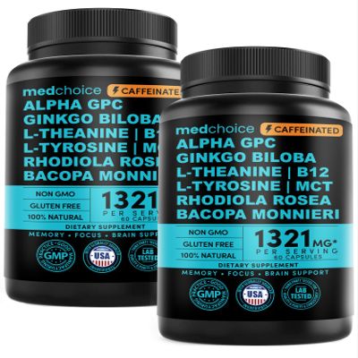 12-in-1 Nootropic Brain Supplement with Caffeine Anhydrous - Ginkgo Biloba for Brain Support, Memory, Focus - B12, Alpha GPC, L Theanine, Choline Supplements with Bioperine, 1321mg, (60ct, Pack of 2)